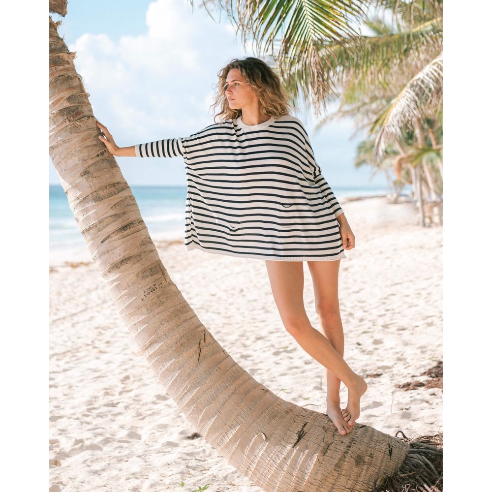 NWT MER SEA OS Catalina Traveler Sweater Side Slits Navy Stripe Boxy Mersea - Picture 13 of 14